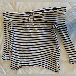 Trina Turk Black and White Striped Off-Shoulder Top